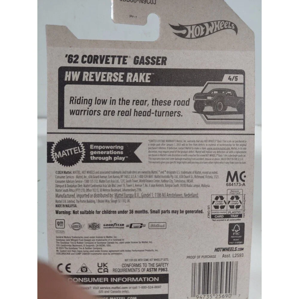 NIP Hot Wheels Reverse Rake 1:64 DieCast C1 1962 Chevrolet Corvette Gasser